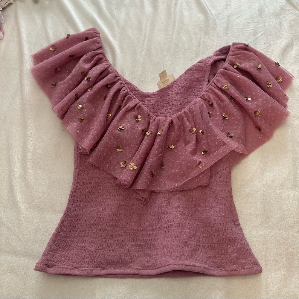 Anthropologie Mauve Ruffled Textured sequin Blouse 51422 - Picture 6 of 12